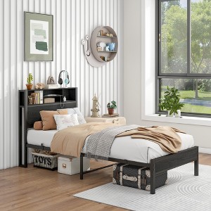 TiramisuBest Full Bed Frame with Storage Headboard, Charging Station & Metal Platform - No Box Spring, Easy Assembly & Noise-Free (Black) - 1 of 4