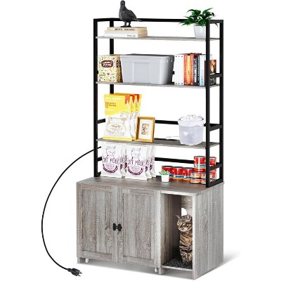 Cat Litter Box Enclosure Furniture with Shelves, Wooden Hidden Cat Litter Box Enclosure Furniture with 2 Door, Sockets and Pull Out Tray