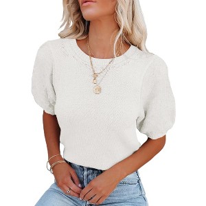 Women's Lightweight Short Sleeve Crewneck Sweaters Knit Pullover Tops with Casual Crochet Sleeve Blouse,Creamy white(Basic Sleeve) - S - 1 of 3