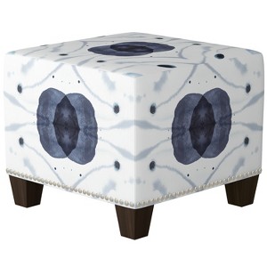 Annie Square Nail Button Ottoman Blue/White Print with Pewter Nail Buttons - Cloth & Co.