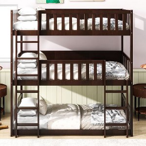 Kumasinova Twin Size Triple Bunk Bed – Detachable (Splits to 3 Beds), Rubber Wood Twin Size Bed Frame with Ladders & Full-Length Guardrails - 1 of 4