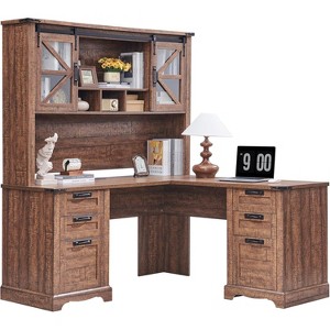 SinCiDo 60" Farmhouse L Shaped Office Desk w/ Drawer, Wood Home Office Executive Desk w/ Hutch & Charging Ports, Storage Cabinet - 1 of 4