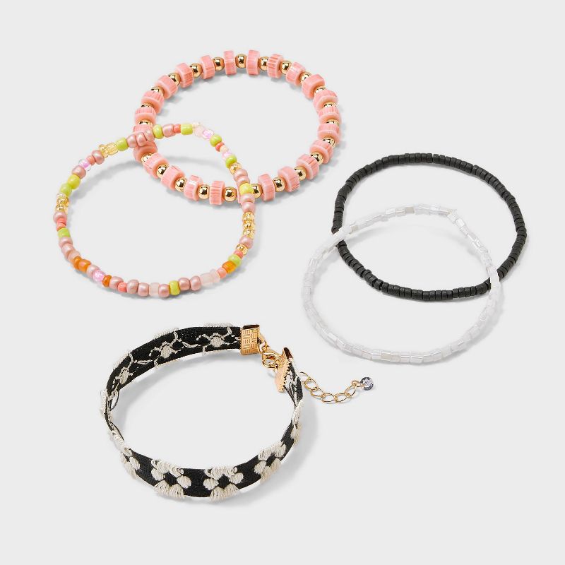 Mixed Beaded and Daisy Print Bracelet Set 5pc - Wild Fable&#8482; Black/Pink/White, 1 of 6