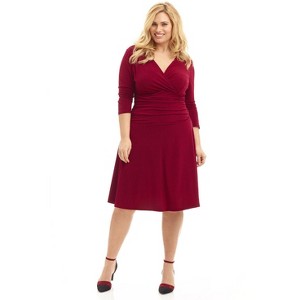Rekucci Curvy Fit Plus Size Women's 3/4 Sleeve Tummy Control Dress – Flattering Surplice Neckline & Ruched Waist - 1 of 4