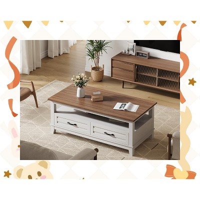 Garvee 47.2" Farmhouse Coffee Table with Drawers – Rustic Walnut Center Table Featuring Ample Storage and Elegant Design for Living Room Decor