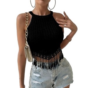 Women's Fringe Sleeveless Tassel Tank Top Slim Fit Summer Tops - 1 of 4
