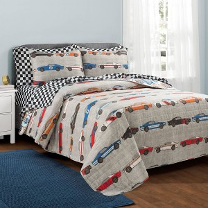 Kids' Race Cars Soft Reversible Oversized Quilt Set Blue/Orange - Lush Décor - 1 of 4