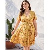 Coolmee Women Plus Size Casual Floral V Neck High Waisted Short Sleeve Wrap Midi Dress With Belt - 3 of 4