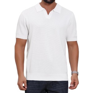 INSPIRE CHIC Men's Textured Knit V Neck Short Sleeve Casual Golf Polo Shirt - 1 of 4