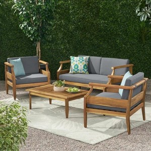 FIONECA Outdoor 4-Seater Chat Set with Cushions, Acacia Wood Loveseat, Coffee Table & 2 Club Chairs, Patio Conversation Set - 1 of 4