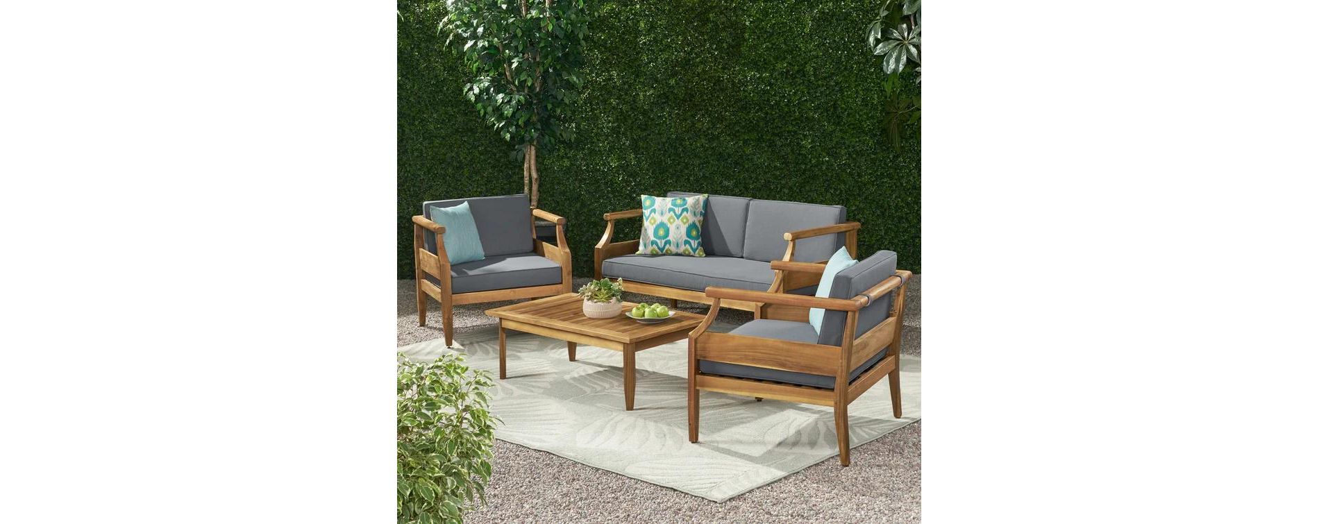 KWPZQEB Outdoor 4-seat Chat Set, Mid-Century Modern Acacia Wood Loveseat & Coffee Table & Club Chair with Cushion for Garden, Porch, Living Room