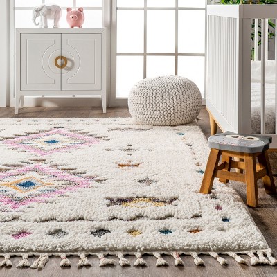 Large Blue and White Synthetic Braided Shag Rug for Kids