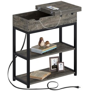 Side Table with Charging Station, Narrow Nightstand with Storage, Flip ...