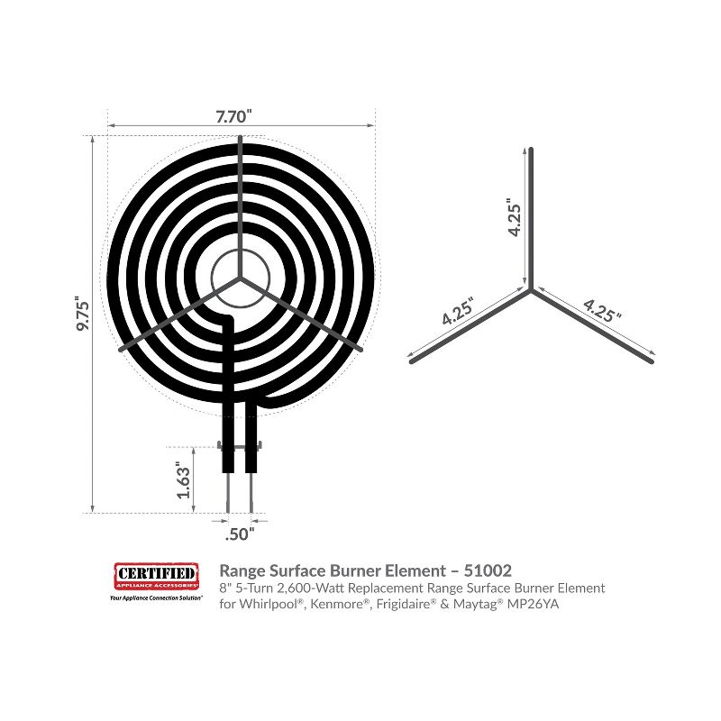 Certified Appliance Accessories® 8" 5-Turn 2,600-Watt Replacement Range Surface Burner Element for Whirlpool®, Kenmore®, Frigidaire® & Maytag® MP26YA, 5 of 8