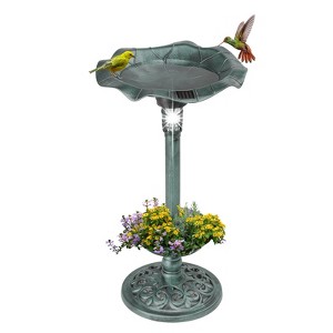 phiestina Outdoor Solar Lighted Pedestal Bird Bath Fountain Decoration with Planter and Feeder, Green - 1 of 4