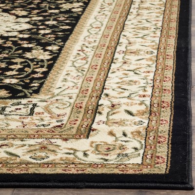Black and Ivory Floral Synthetic Safavid Style Runner Rug