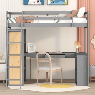 NicBex Twin Size Bunk Bed with Desk Pine Bed Frame with Oleophobic Board, Shelves, Ladder and Full Length Guardrail, No Box Spring Required