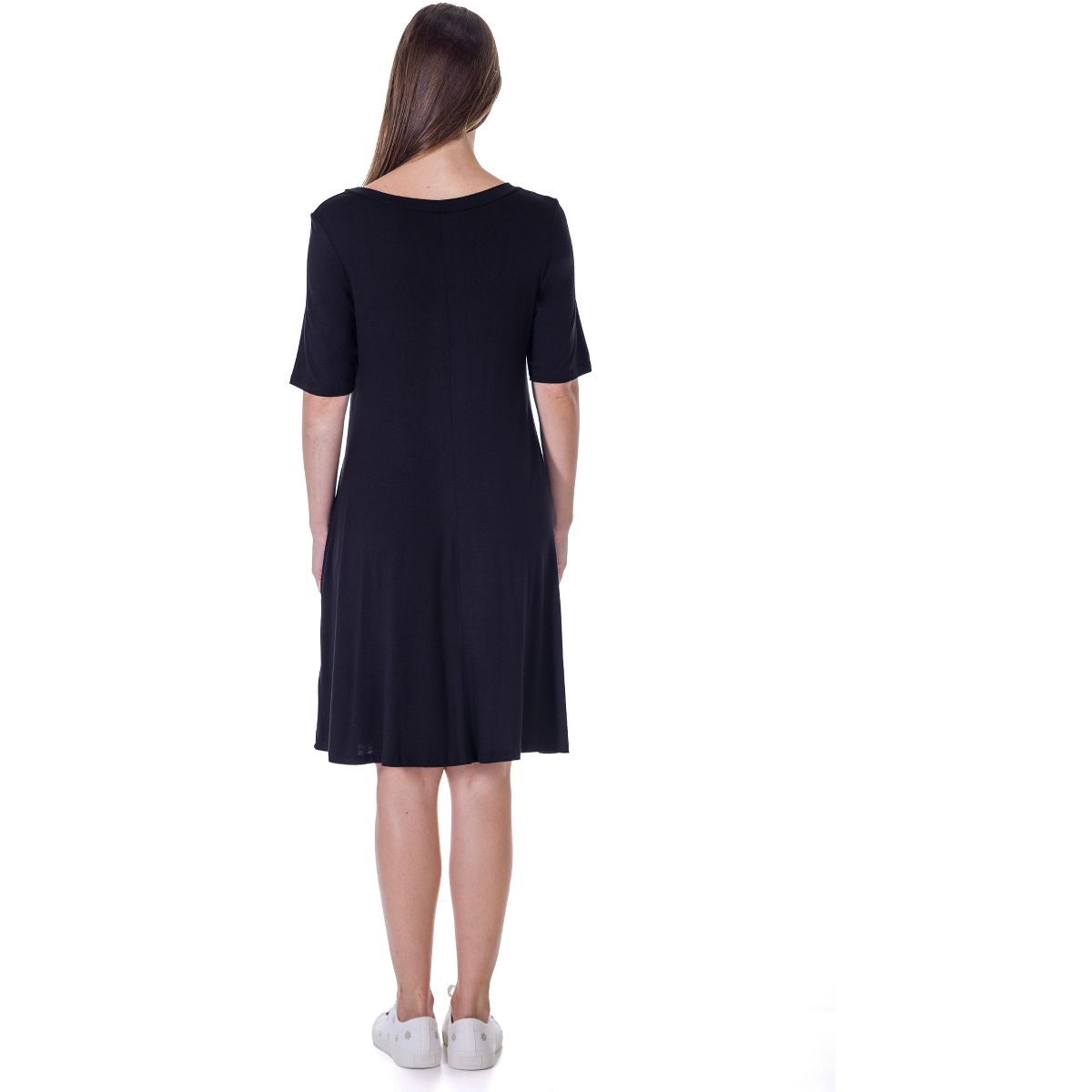Womens Round Neck Knee Length Soft Flare T Shirt Pocket Dress - 24seven Comfort Apparel™ - thumbnail 3