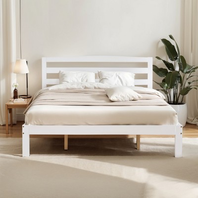 Subrtex Solid Wood Platform Bed with Headboard, Bed Frame with Wood Slat Support, White