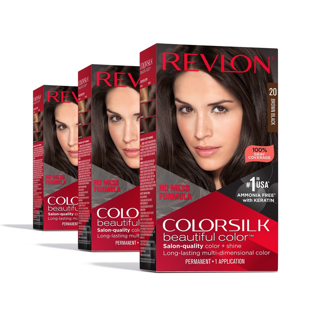 Photos - Hair Dye Revlon ColorSilk Beautiful Color 100 Gray Coverage Ammonia-Free Permanent Hair Color - 20 Brown Black - 13.2 fl oz/3ct 