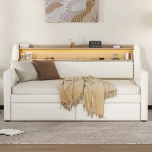 White Twin Daybed with Trundle, Charging Station & LED Lights - 1 of 4
