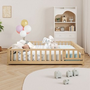 Okak Full Size Platform Bed Frame with Door & Fence, Wooden Floor Bed with Support Slats for Toddlers/Kids Bedroom - 1 of 4