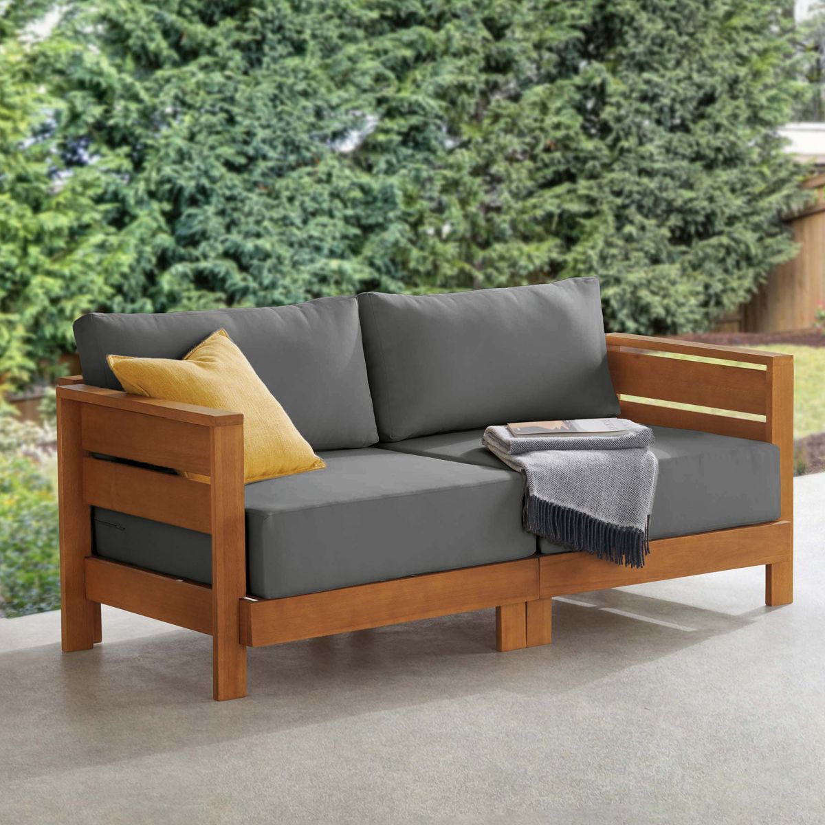 Alaterre Furniture Barton Outdoor Patio Loveseat - Weather-Resistant Eucalyptus Wood Outdoor Loveseat with Thick Gray Cushions (Natural) - thumbnail 6