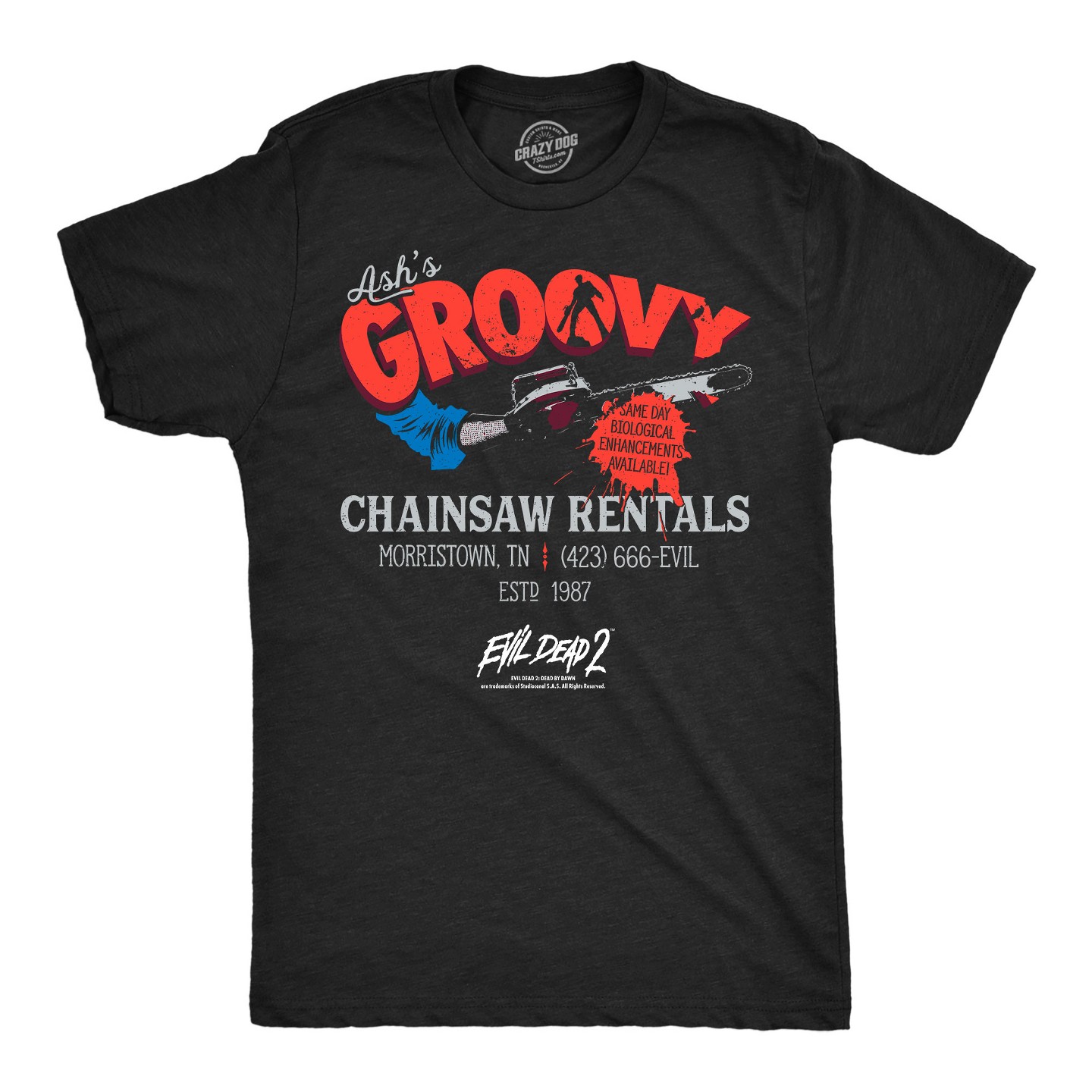 Мужская футболка Crazy Dog T-Shirts, Inc. T Shirts Ashs Groovy Chainsaw Rentals Evil Dead Movie Tee For Men, цвет: Чёрный — фото 1