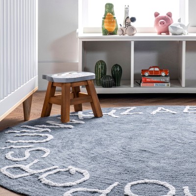 Blue Cotton Washable Round Alphabet Kids Rug