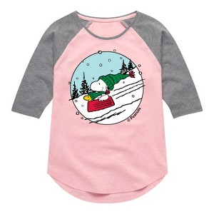 Girls' - Peanuts - Snoopy Woodstock Sled Shirt Tail Raglan Graphic T-shirt - 1 of 4