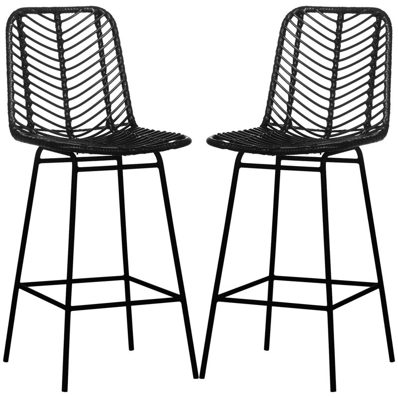 HOMCOM Modern Rattan Bar Stools Set of 2, Breathable Steel-Base Wicker Counter Height Barstools for Kitchen Counter, Black, 4 of 7