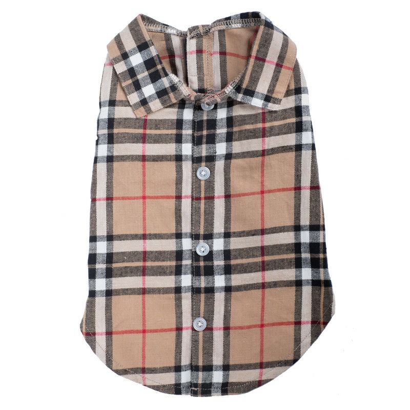 The Worthy Dog Beige Plaid Flannel Button Up Look Pet Shirt, 1 of 5