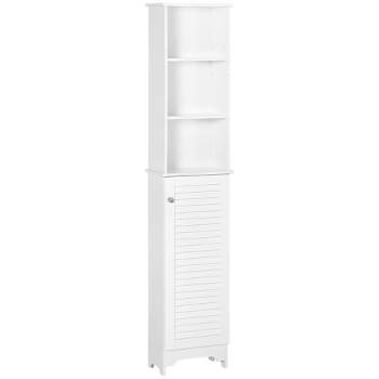 HOMCOM Tall Bathroom Storage Cabinet/Freestanding Linen Tower with 3-Tier Open Adjustable Shelf and Cupboard, White