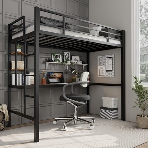 Coucheta Twin Loft Bed with Desk & Storage, Heavy Duty Metal Frame, Safety Guardrail & Ladder, Steel Slats, Space Saving for Kids & Adults - 1 of 4