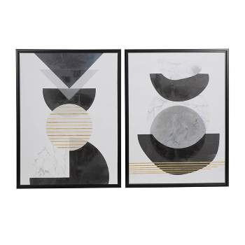 Set of 2 Canvas Abstract Mid-Century Modern Geometric Framed Wall Arts with Gold Foil Accent Frame White - The Novogratz