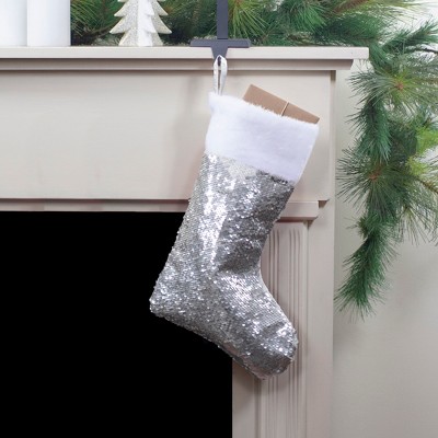19'' White and Silver Sequin Christmas Stocking with Faux Fur Cuff