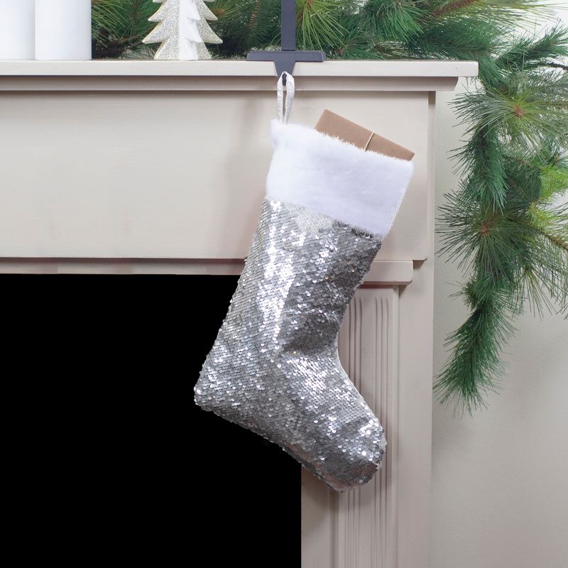 Northlight 19" White and Silver Sequin Christmas Stocking With White Faux Fur Cuff, 2 of 7