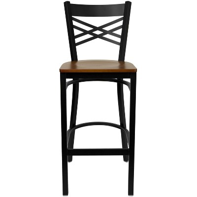 Hercules Chic X-Back 29" Black Metal Barstool with Cherry Wood Seat