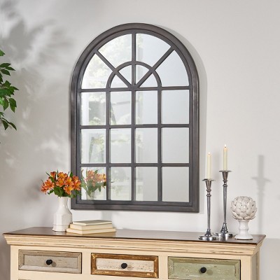 Charcoal Wood Arched Windowpane Decorative Wall Mirror