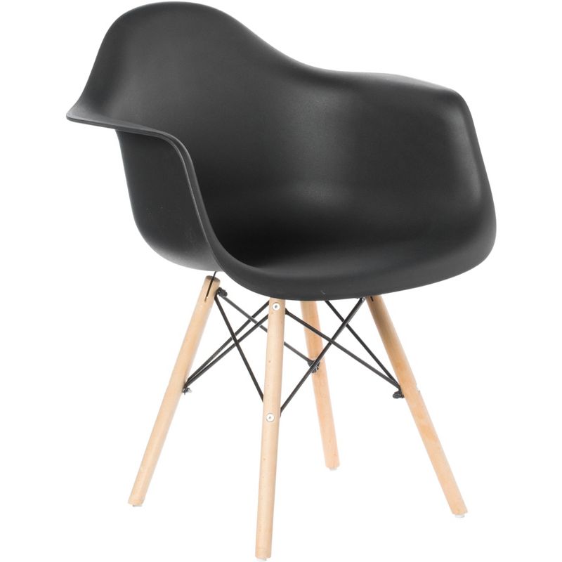 Mid-Century Modern Style Plastic DAW Shell Dining Arm Chair with Wooden Dowel Eiffel Legs, Black, 1 of 12