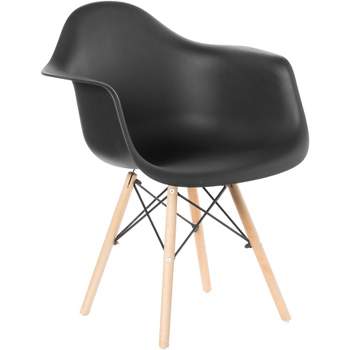 Mid-Century Modern Style Plastic DAW Shell Dining Arm Chair with Wooden Dowel Eiffel Legs, Black