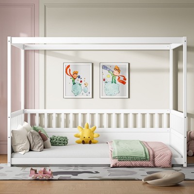NicBex Twin/Full Size Canopy Floor Beds with Guardrails,Wooden Canopy Toddler Bed,Floor Bed Frame for Girls,Boys,Safe&Formaldehyde-free