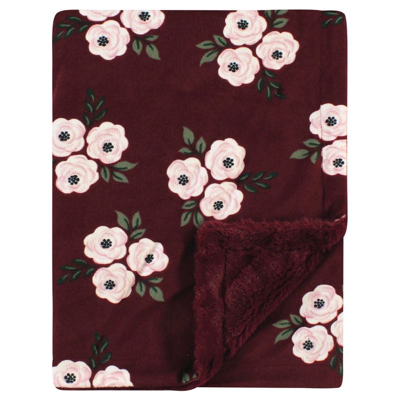 Hudson Baby Infant Girl Plush Blanket with Furry Binding and Back, Burgundy Floral, One Size, 1 of 3