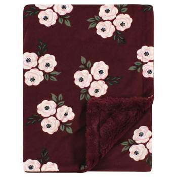 Hudson Baby Infant Girl Plush Blanket with Furry Binding and Back, Burgundy Floral, One Size