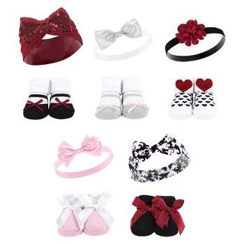 Hudson Baby Infant Girl 12Pc Headband and Socks Set, Pink Gray Red Sequin, 0-9 Months
