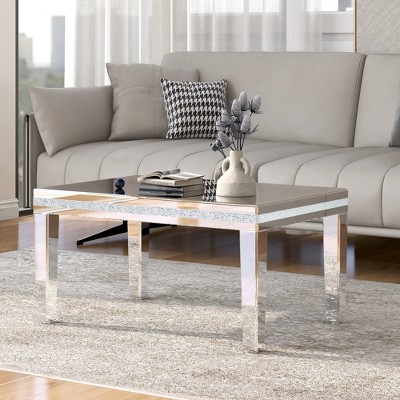 35 W Modern Glass Mirrored Coffee Table Cocktail Table Center Table with Crystal Design and Adjustable Height Legs Silver ModernLuxe