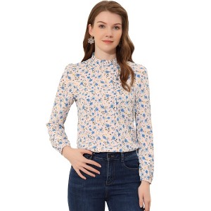Allegra K Women's Floral Puff Long Sleeve Ruffle Collar Pearl Decor Blouse - 1 of 4