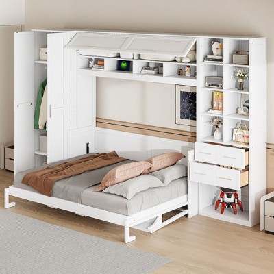 Whisen Queen Size Murphy Bed Wall Bed with Closet , Drawers and Shelves