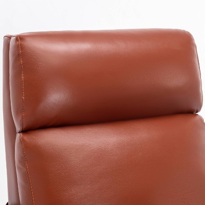 Modern Caramel Leather and Wood Push Back Recliner