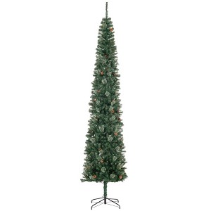 9.5ft Pencil Christmas Tree, Slim Xmas Tree with Realistic Branches, Pine Cones and Metal Base - 1 of 4
